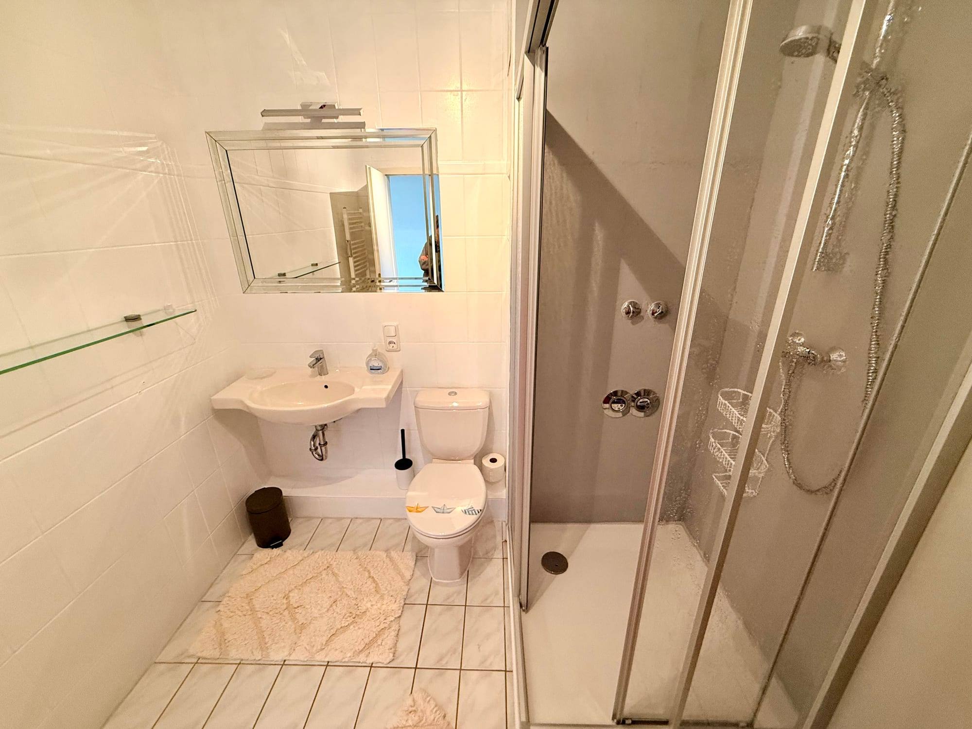 Washbasin with mirror and shower