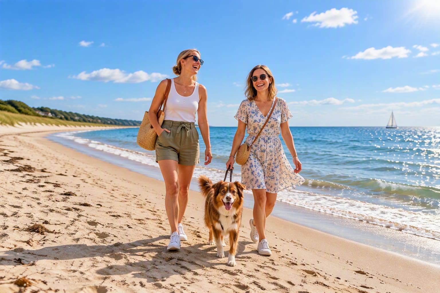 Two women walking a dog on the Baltic Sea beach