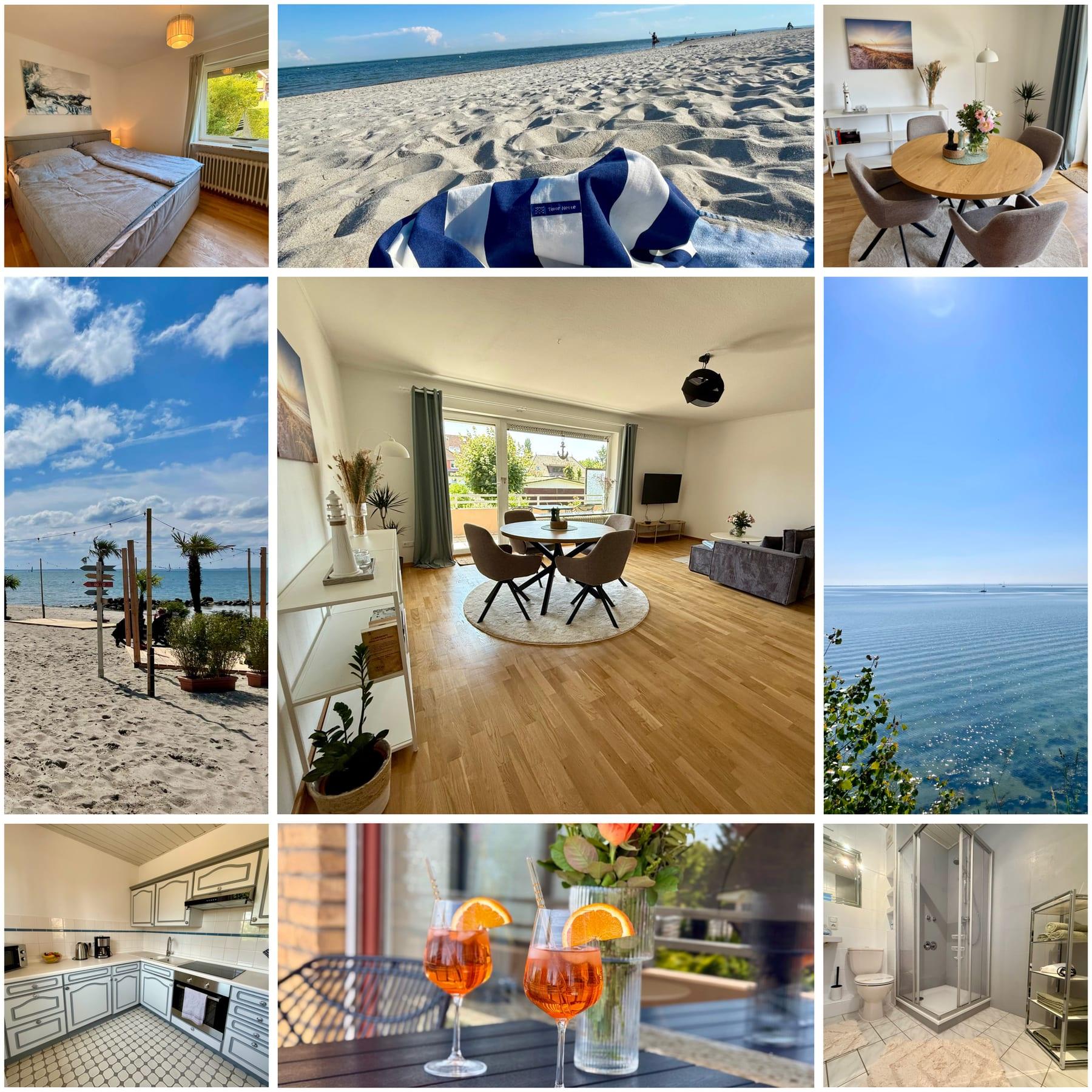 Collage of the Deichstrand holiday apartment with living room, bedroom, kitchen, bathroom, balcony and Baltic Sea beach