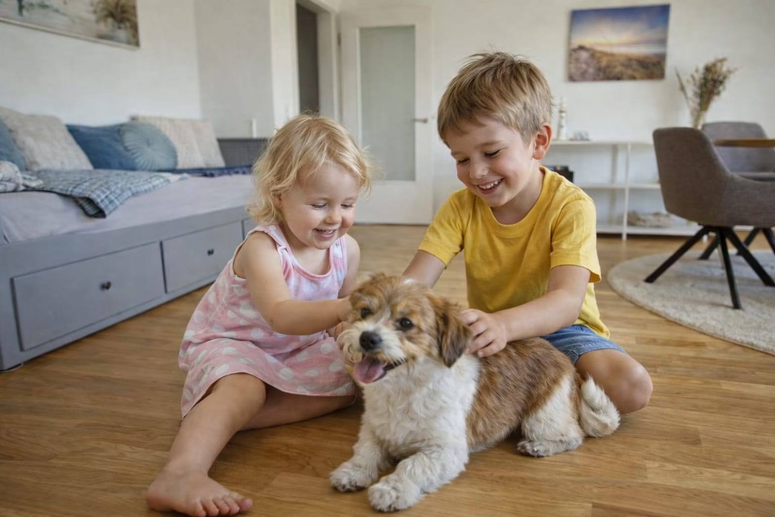 Two children playing with a dog in the living room